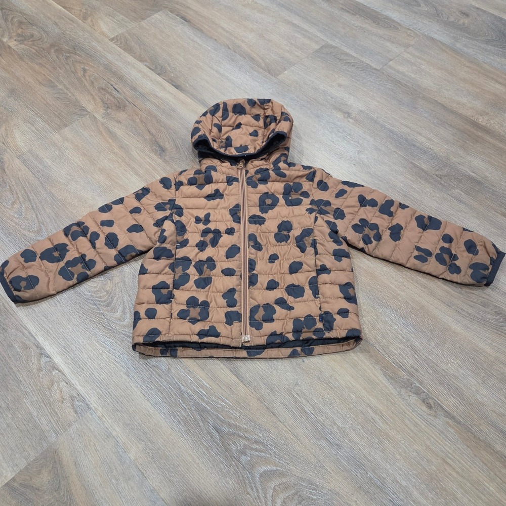 Gap Kids ColdControl Puffer Jacket XS 4-5 Brown Black Leopard Print Hooded